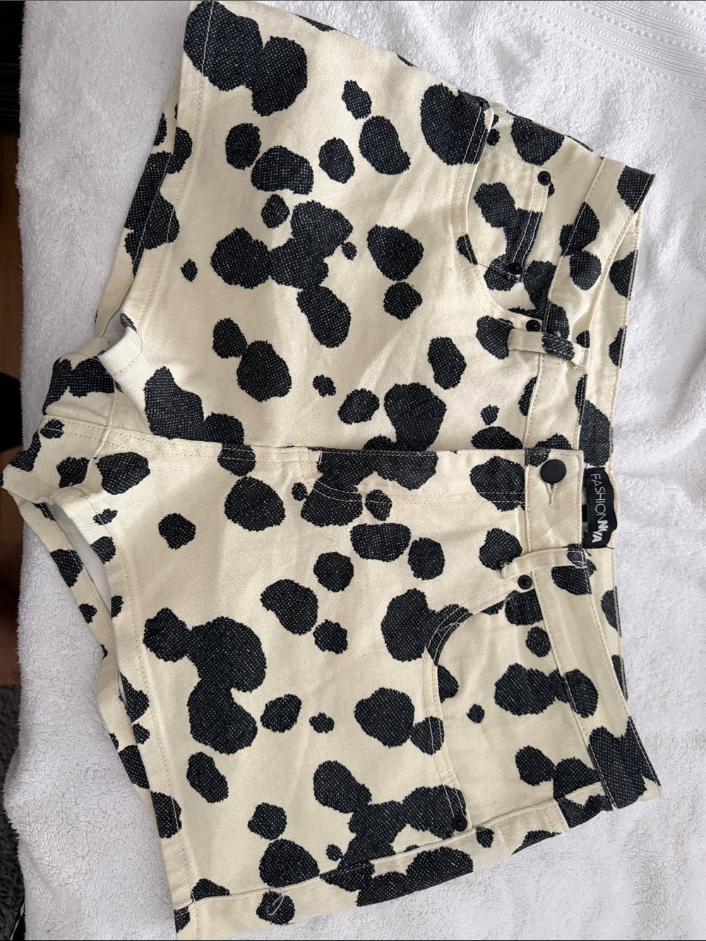 Fashion Nova Cream & Black Cow Print High-Rise Denim Shorts